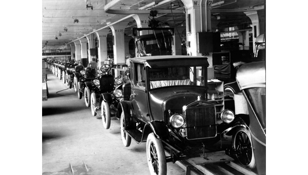 The ford motor company introduced the first moving assembly line