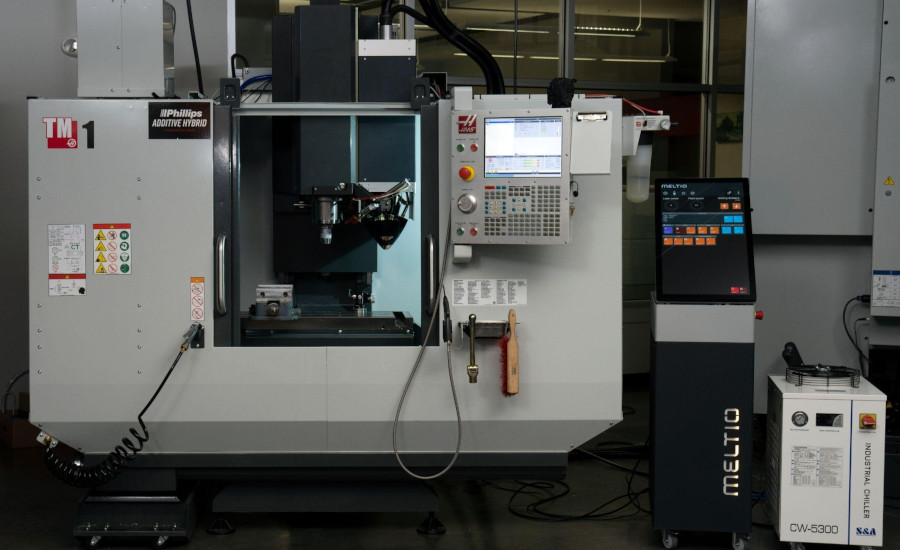 Phillips Additive Hybrid system integrates a Meltio wire-laser metal deposition head on a Haas TM-1 computer numerical control mil. Photo courtesy Phillips Corporation