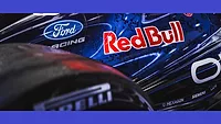 Red Bull Ford F1 Racecar Logos for Ford, Red Bull, Oracle, and Hexagon on a F1 racecar