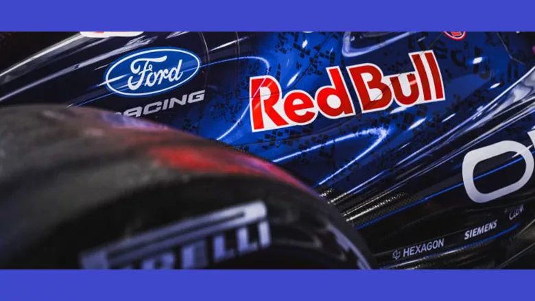 Logos for Ford, Red Bull, Oracle, and Hexagon on a F1 racecar