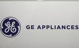 GE Appliances Logo on White Display at Plant
