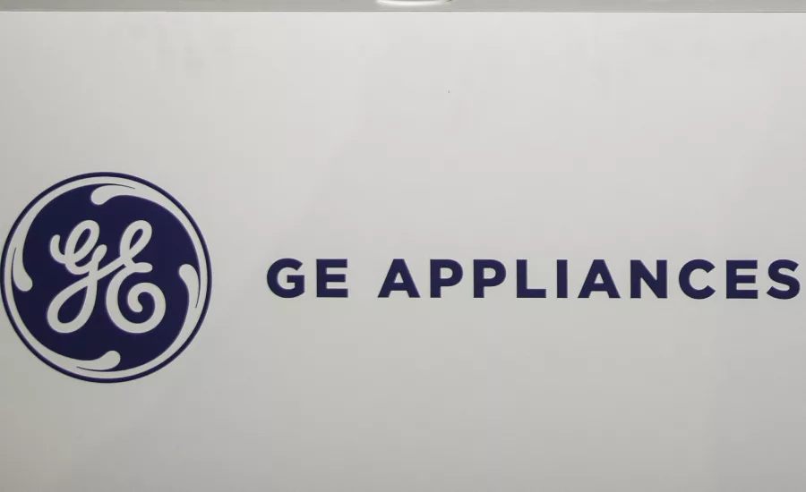 GE Appliances Logo on White Display at Plant