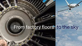 Factory worker and engine contrasted with jet in sky