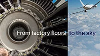 Factory worker and engine contrasted with jet in sky