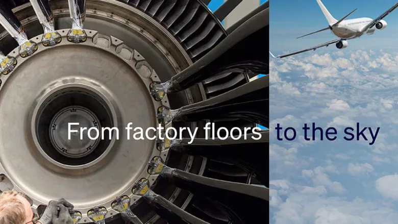 Factory worker and engine contrasted with jet in sky