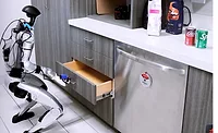 Humanoid Robot Opening Kitchen Drawer With Coca-Cola Products on Counter