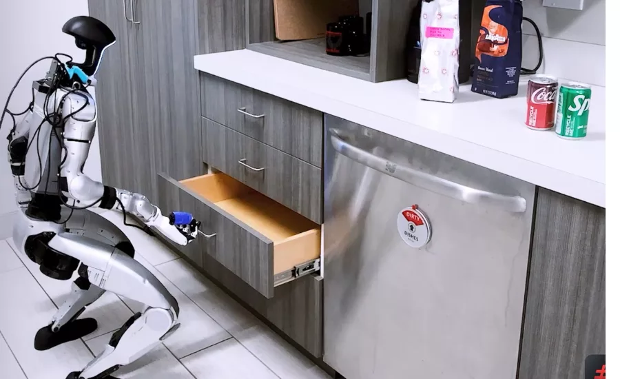 Humanoid Robot Opening Kitchen Drawer With Coca-Cola Products on Counter