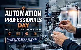 Automation Professionals Day industrial robotics assembly, engineer hands configuring robotic system