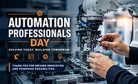 Automation Professionals Day industrial robotics assembly, engineer hands configuring robotic system
