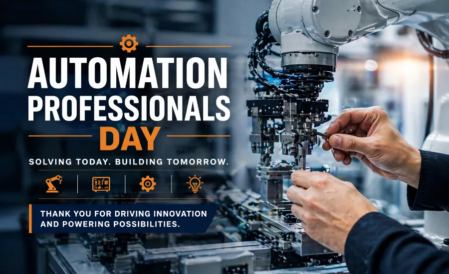 Automation Professionals Day industrial robotics assembly, engineer hands configuring robotic system