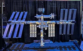LEGO International Space Station exhibit at NASA featuring rotating panels and engineering design elements