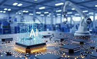 engineer using artificial intelligence for production planning, predictive maintenance and quality inspection in a smart factory environment with connected industrial automation systems and real-time operational analytics.