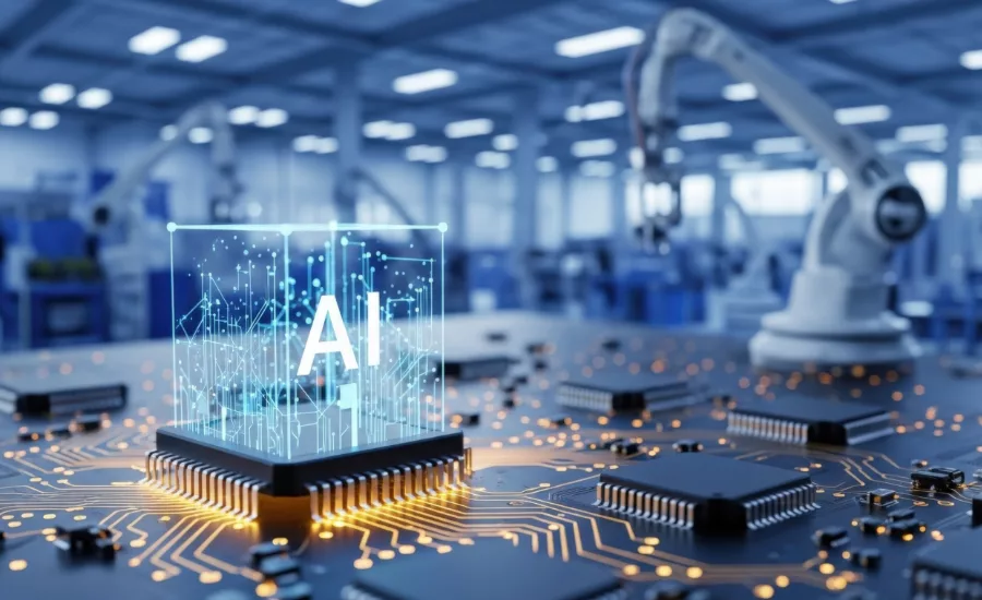engineer using artificial intelligence for production planning, predictive maintenance and quality inspection in a smart factory environment with connected industrial automation systems and real-time operational analytics.