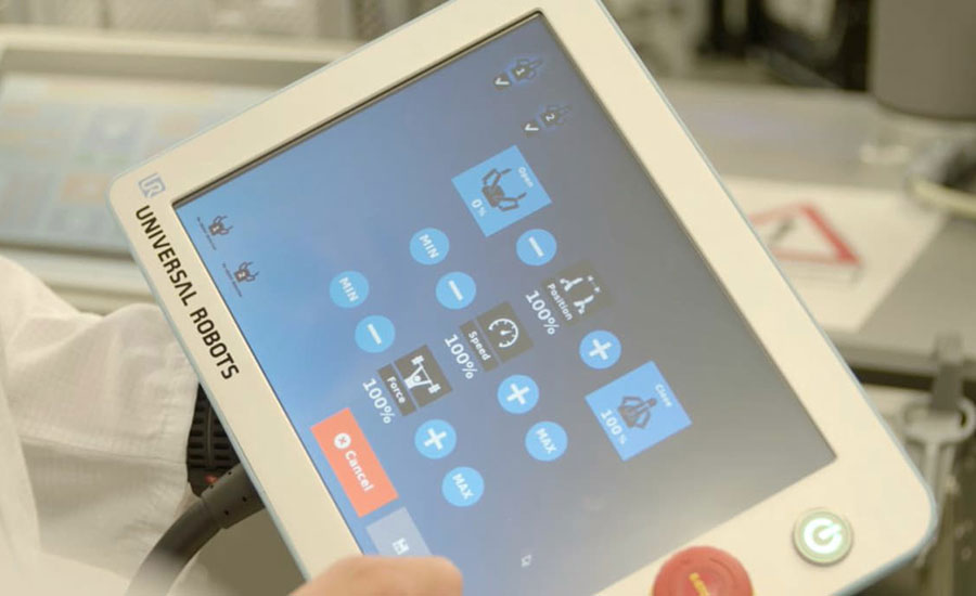 Touchscreen control panel used to operate a collaborative robot system.