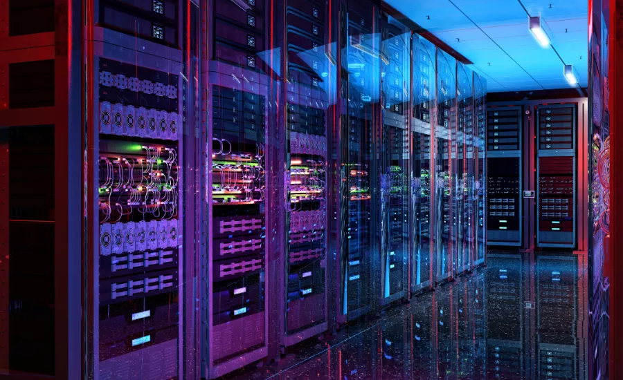 AI data center infrastructure includes liquid-cooled server racks, storage, networking systems, power distribution equipment and thermal management hardware for hyperscale computing.