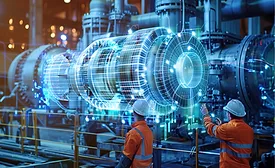 igital twin visualization of factory equipment and production lines as two crew members monitor manufacturing operations.