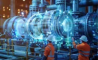 igital twin visualization of factory equipment and production lines as two crew members monitor manufacturing operations.
