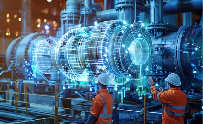 igital twin visualization of factory equipment and production lines as two crew members monitor manufacturing operations.