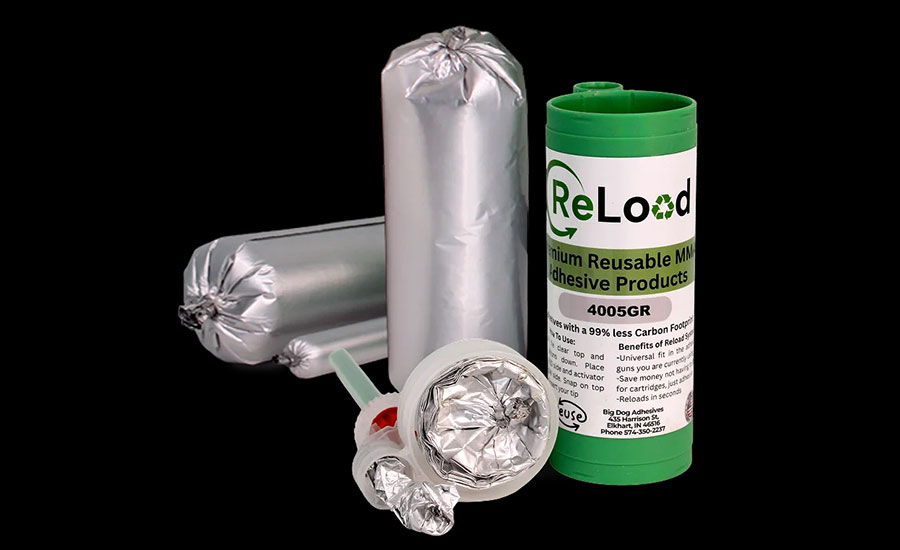 Reusable adhesive packaging cartridges and refill containers.
