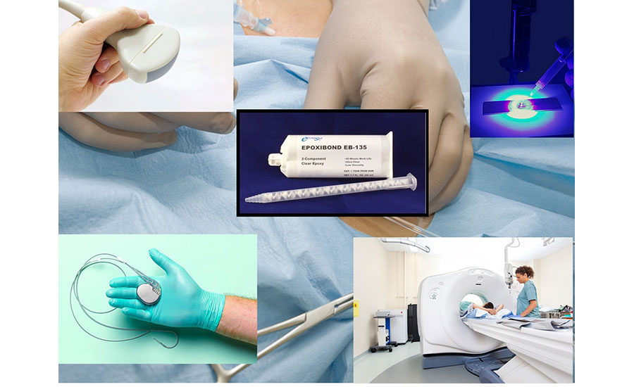 Collage of adhesive applications used in medical device manufacturing.