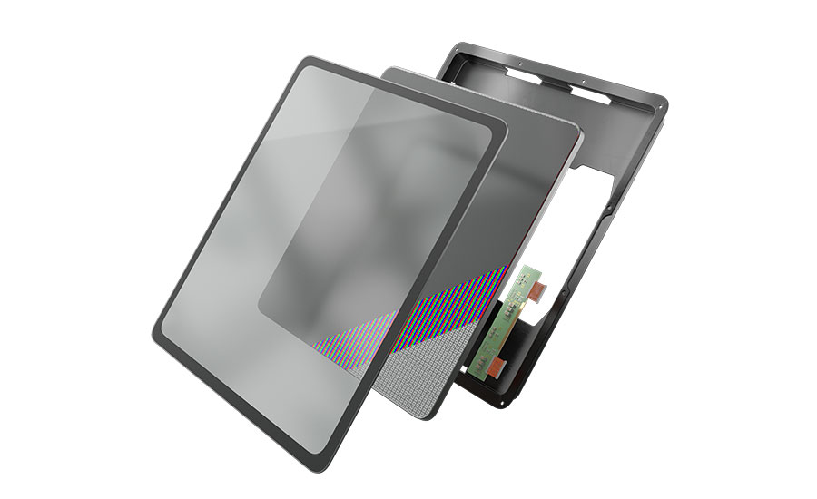 Exploded view of an electronic display assembly with bonded components.