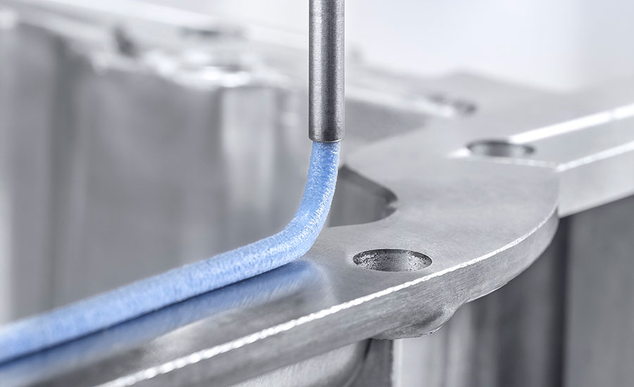 Automated dispensing of sealing material onto a metal component.