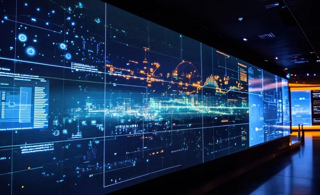 Industrial Software Dashboard With Factory Equipment In Background Digital Twin / Smart Factory Control Room