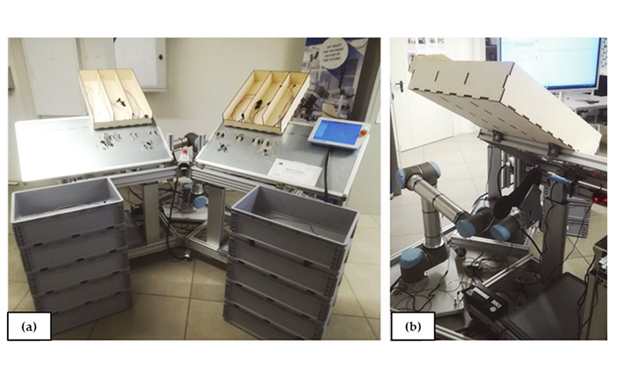Wire harness assembly cell featuring dual assembly stations, storage bins, a control interface, and a collaborative robot for cable harness manufacturing.