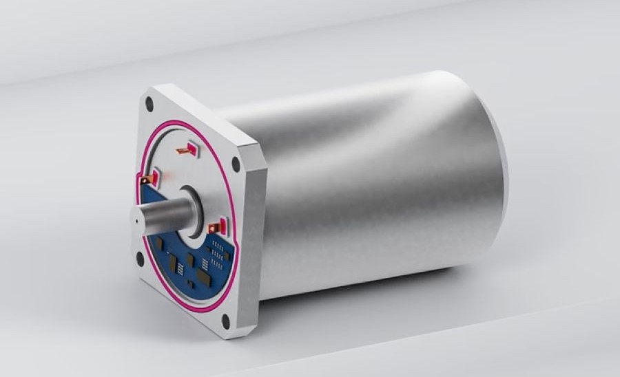 Cross-sectional illustration of an electric vehicle motor assembly showing magenta sealant applied around electrical pins and busbars to protect internal electronics from moisture, oil, coolant, and temperature-related stress.