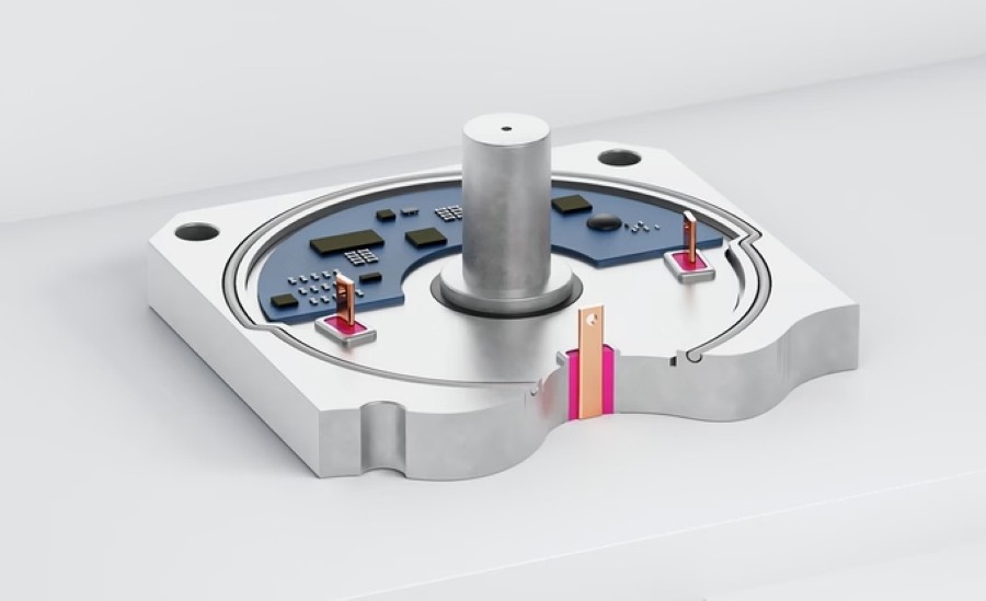 Cross-sectional view of an electric vehicle power electronics assembly showing magenta sealant surrounding electrical pins and a busbar as it passes through a metal housing, creating a barrier against moisture, coolant, oil, and thermal stress.