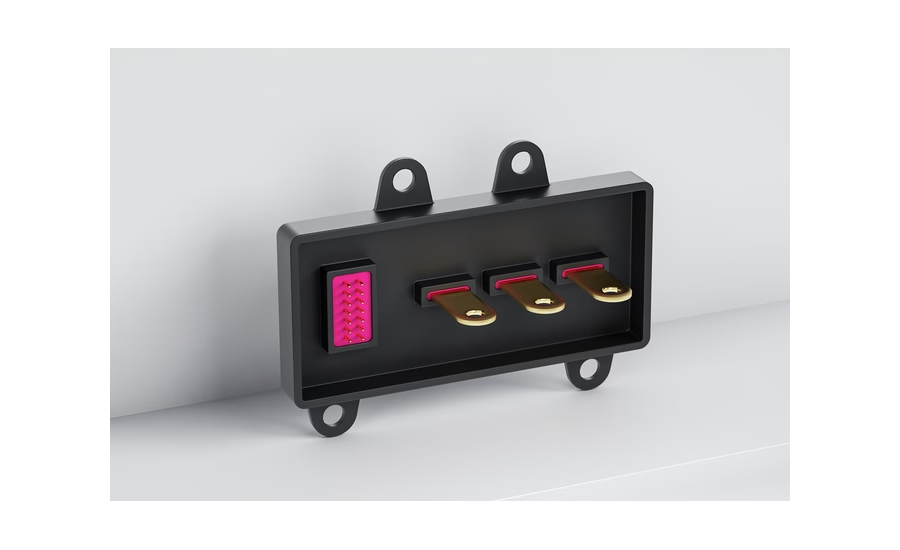 3D rendering of a sealed electrical connector assembly featuring power terminals, signal contacts, and gasket sealing for automotive and industrial applications.