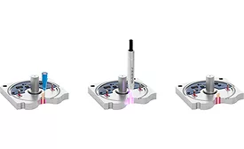 Illustration showing an automated adhesive dispensing process on an electronic assembly, including material application, UV inspection, and completed sealant placement.