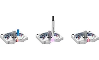 Automated Adhesive Dispensing Process Illustration showing an automated adhesive dispensing process on an electronic assembly, including material application, UV inspection, and completed sealant placement.