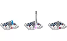 Illustration showing an automated adhesive dispensing process on an electronic assembly, including material application, UV inspection, and completed sealant placement.