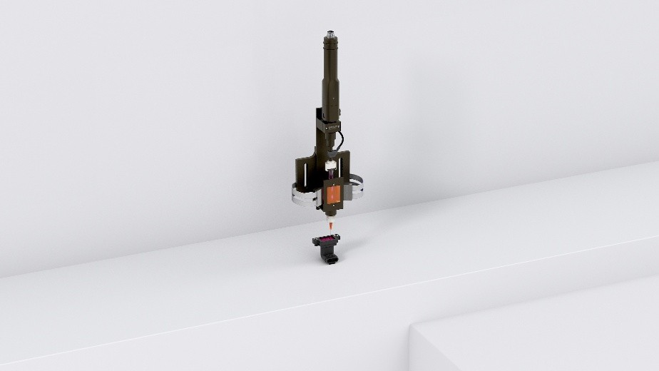 Automated dispensing system applying adhesive to an electrical connector component during a precision sealing and assembly process.