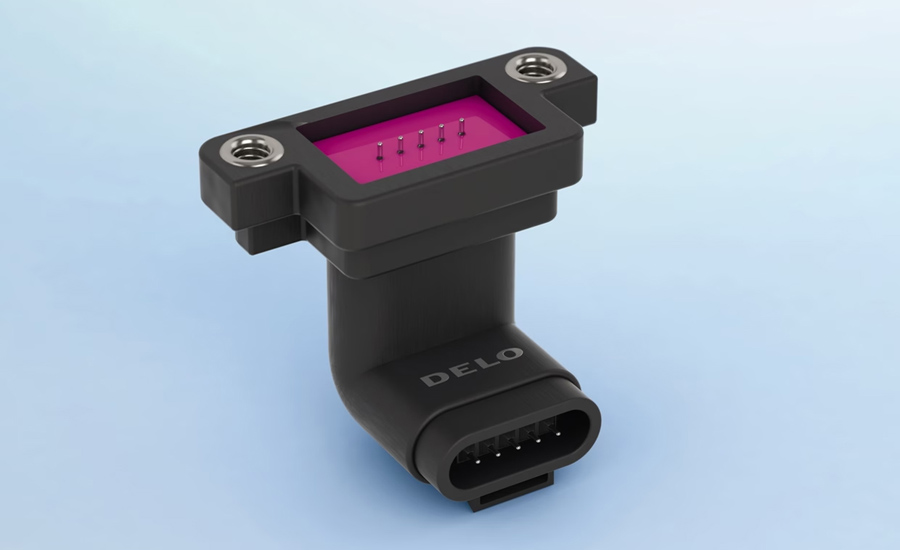 3D rendering of a sealed electronic connector with contact pins, mounting points, and integrated adhesive sealing for automotive and industrial electronics applications.