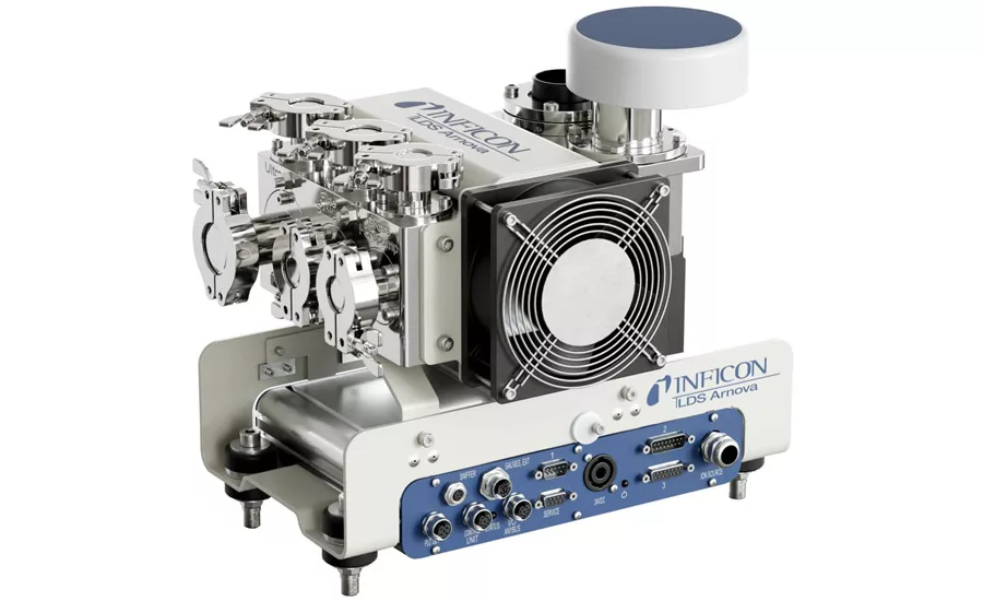Industrial leak detection mass spectrometer used for vacuum testing, helium leak detection, and quality control in manufacturing and semiconductor applications.