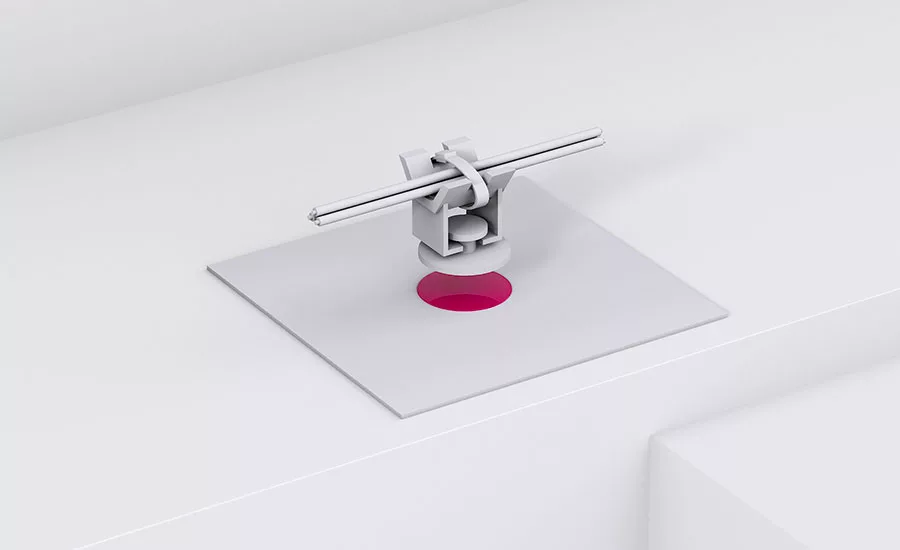 Illustration of an automated adhesive dispensing system applying sealant to a component for precision bonding and electronics assembly.
