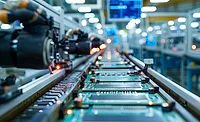 Electronic microchips and printed circuit boards are assembled on an automated assembly line in a manufacturing workshop. East West Vexos