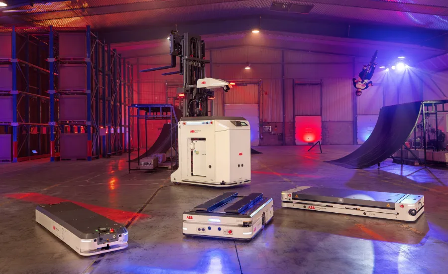ABB autonomous mobile robot lineup featuring an autonomous forklift, tug and mover for factory material handling and manufacturing automation.