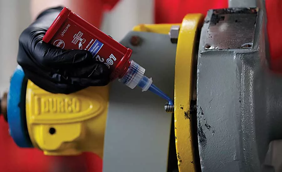 Loctite 243 is a medium-strength threadlocker that performs well on 0.25- to 0.75-inch-wide fasteners in high-vibration envi-ronments, such as motors. Photo courtesy Henkel Corp.