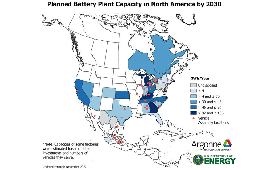 Planned battery plant capacity in North America by 2030