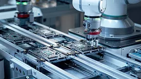 Fully Automated PCB Assembly Line Equipped with High Precision Robot Arms at a Factory. Electronic Devices Manufacturing Industry.