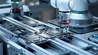 Fully Automated PCB Assembly Line Equipped with High Precision Robot Arms at a Factory. Electronic Devices Manufacturing Industry.