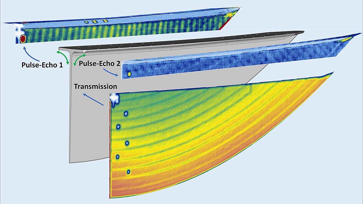 Figure 10. 3D representation of Pulse-Echo and Transmission scans in an engine strake obtained by running a sequence of inspection setups