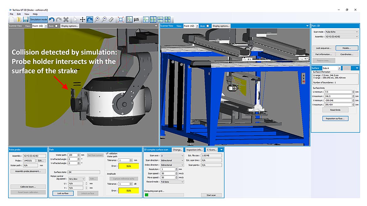 Figure 11. Example of identification of collision in TecView 3D display environment from the intersection of the scanner model with the inspected part model