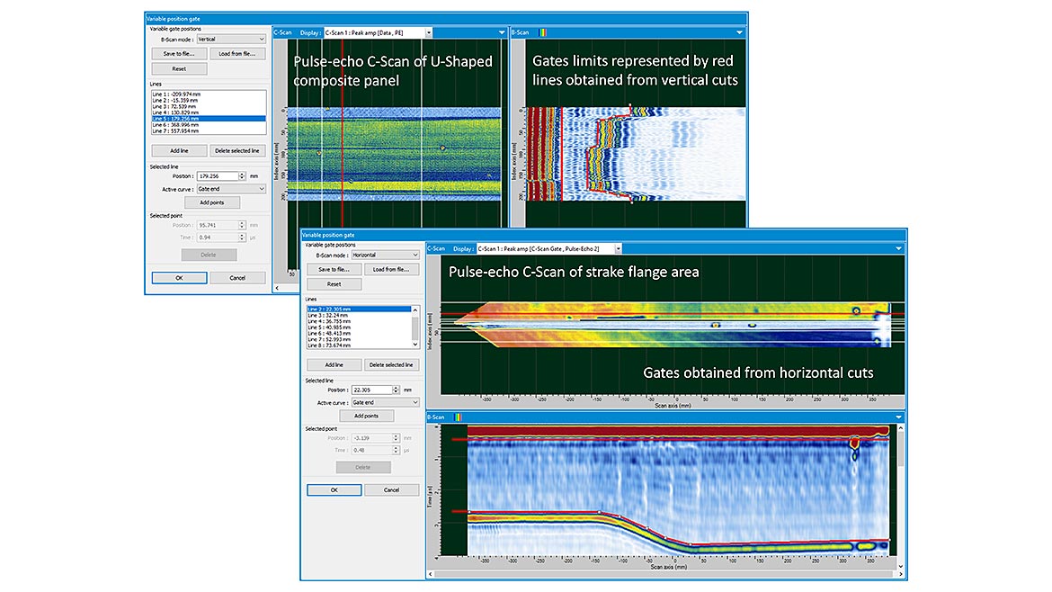 Figure 4. Examples of variable inspection gating using TecView for composite U-Shape and Strake parts
