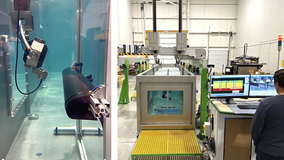 Figure 5. Automated immersion system used for the inspection of U-Shaped carbon composite panel