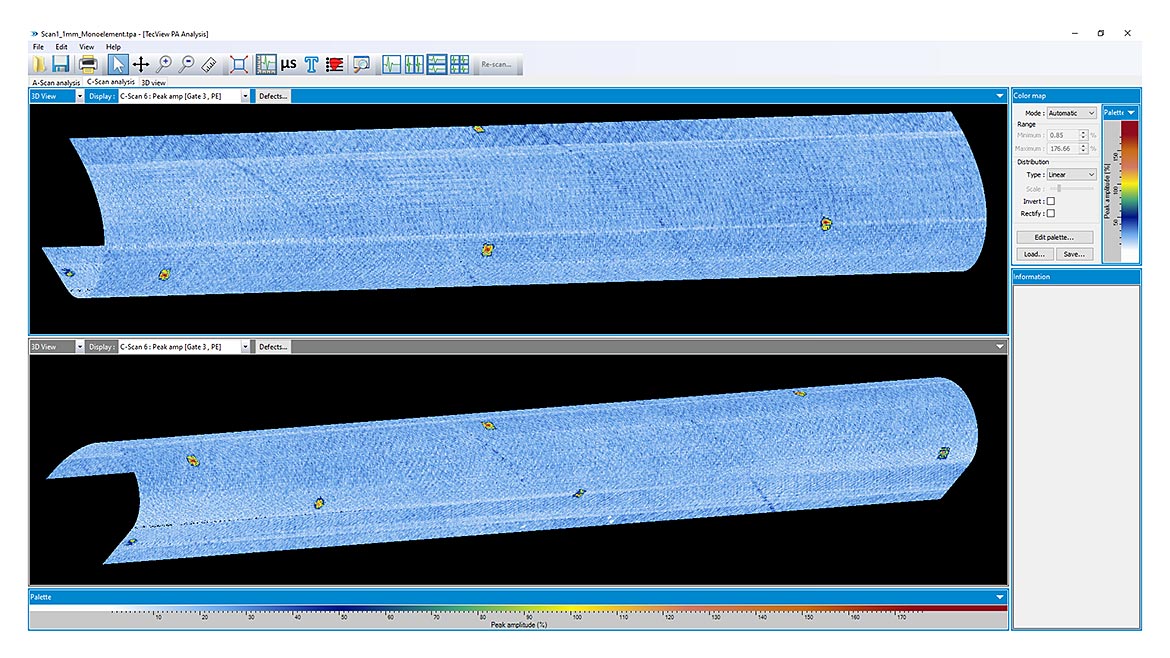 Figure 7. Projecting the C-Scan images on the 3D shape of the part helps with the visualization of the indications within the parts