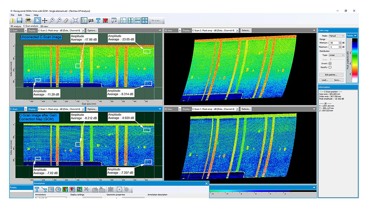 Figure 9. Comparison of pre and post application of the Gain Correction Map on an aircraft wing flap in TecView